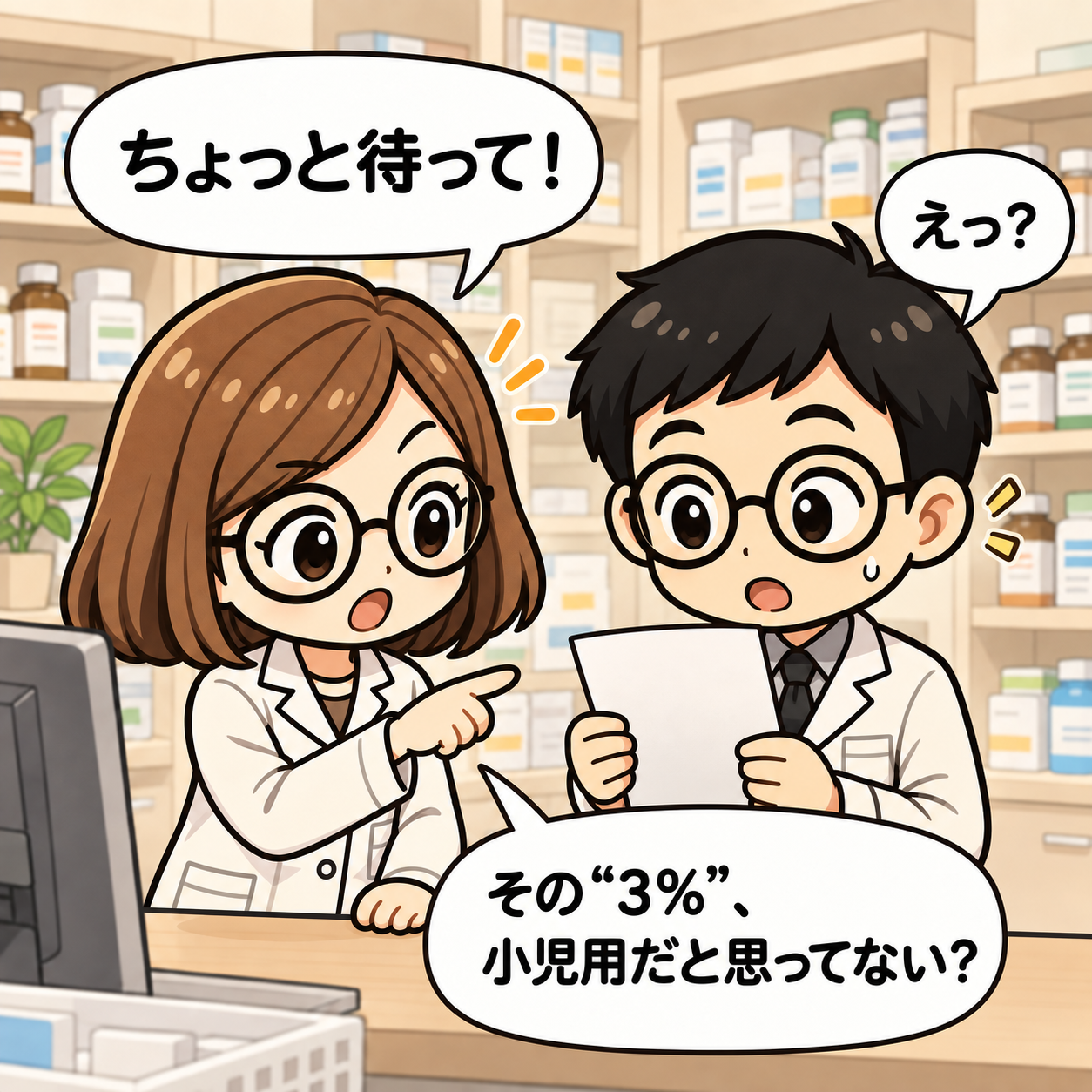 3コマ目。先輩が、3%を小児用だと思っていないか確認する。
