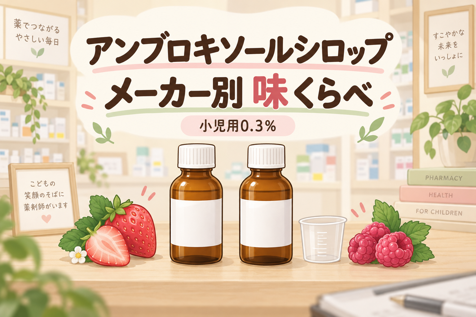 アンブロキソール小児用シロップ0.3％のメーカー別味比較。シロップ瓶といちご・ラズベリーのイラスト。