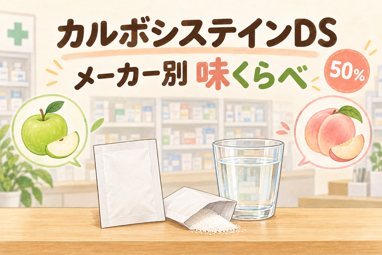カルボシステインDS50％のメーカー別味比較。粉薬の包みと、風味を表す青リンゴ・桃のイラスト。