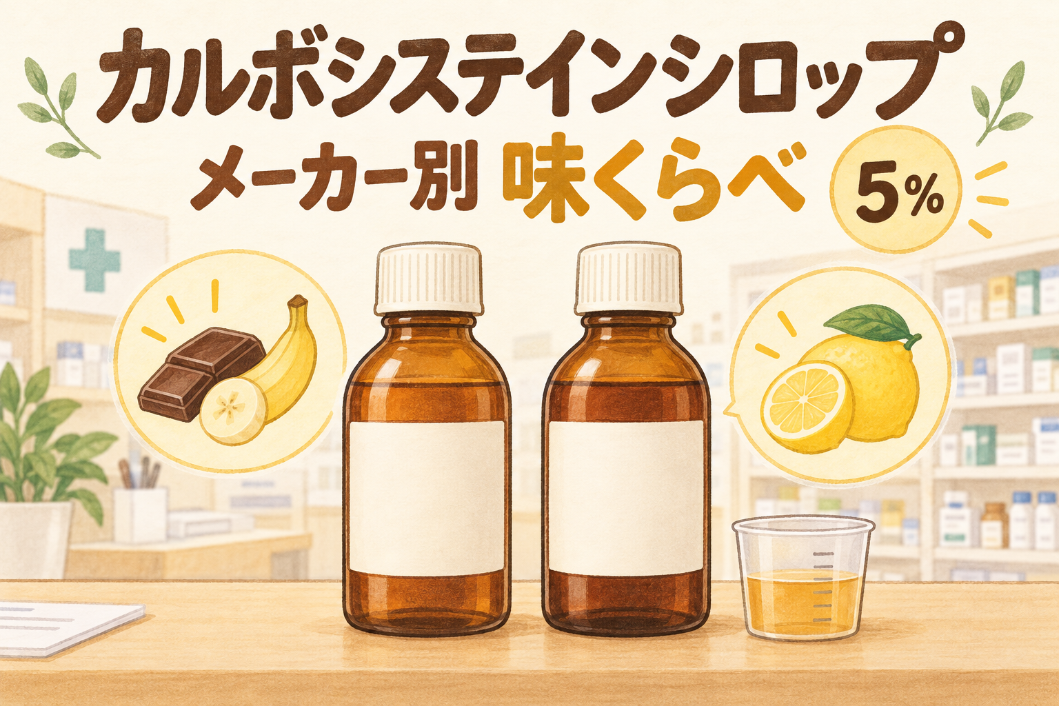 カルボシステインシロップ5％のメーカー別味比較。シロップ瓶と、風味を表すチョコバナナ・レモンのイラスト。