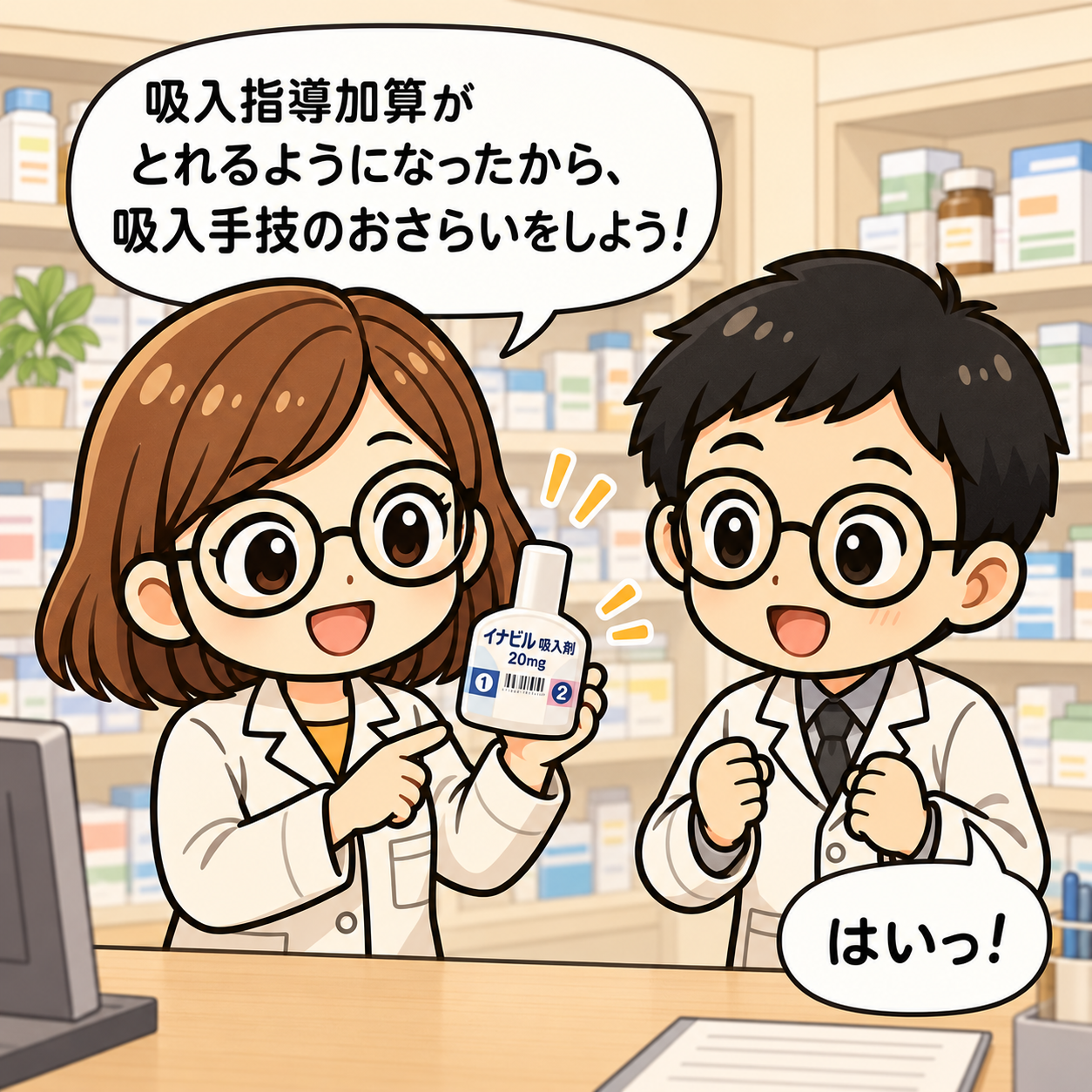 1コマ目。加算の対象拡大をきっかけにイナビルの吸入手技をおさらい。