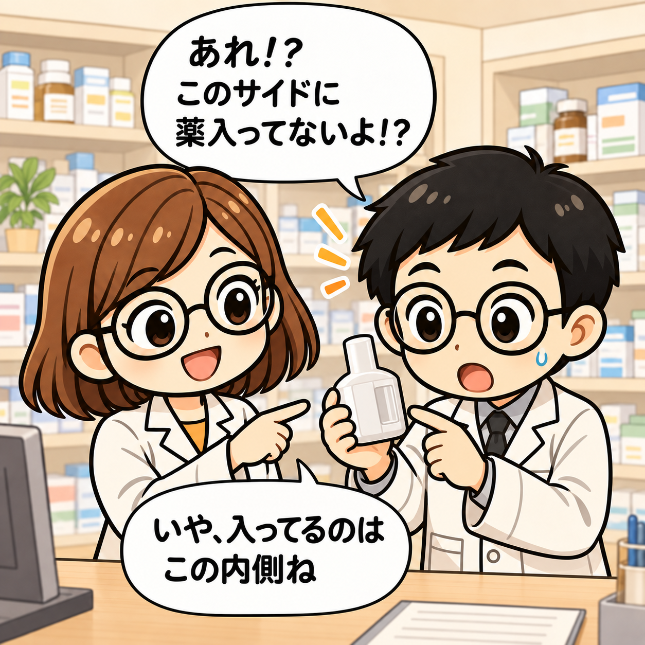 2コマ目。スライド前に薬が見えないことに驚く新人くん。