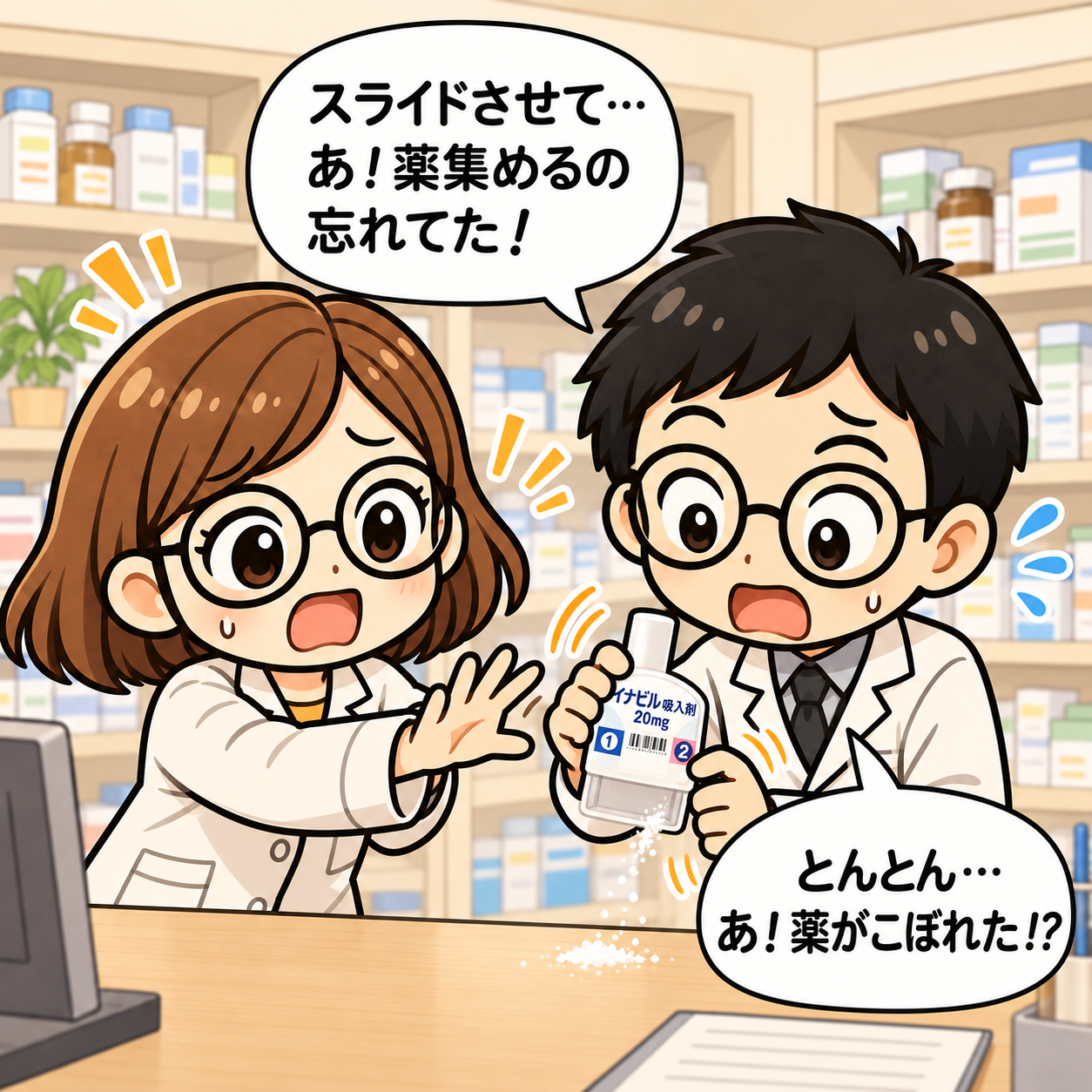 3コマ目。スライド後に叩いて薬をこぼしてしまう。