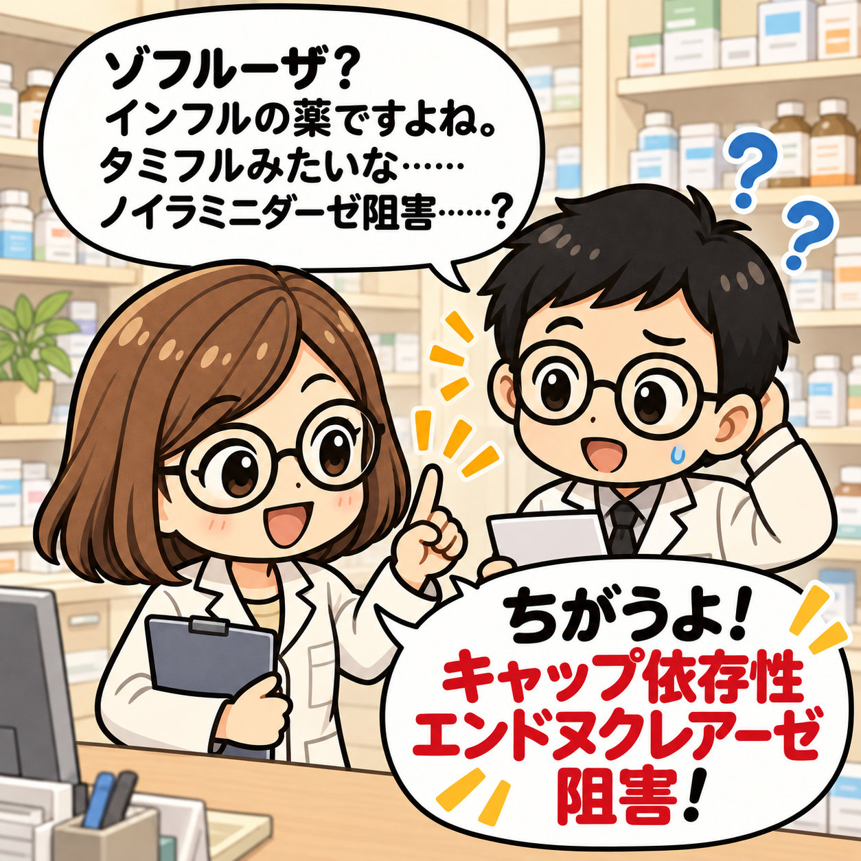 1コマ目。ゾフルーザはキャップ依存性エンドヌクレアーゼ阻害薬。