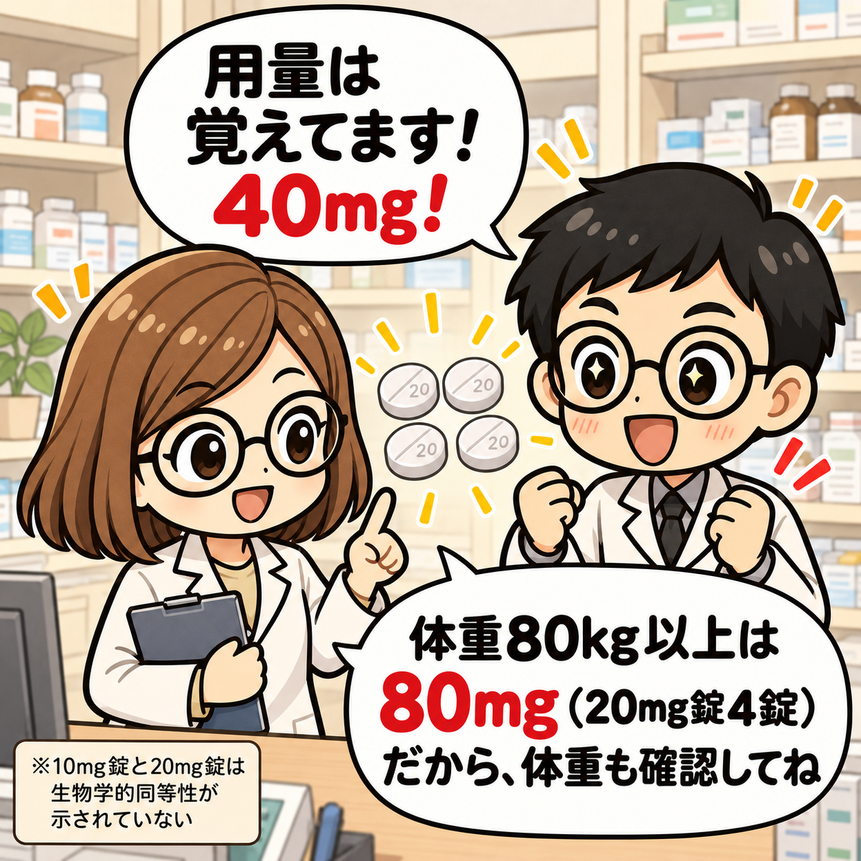 2コマ目。成人・12歳以上は80kg以上で80mg。10mg錠と20mg錠の置換にも注意。