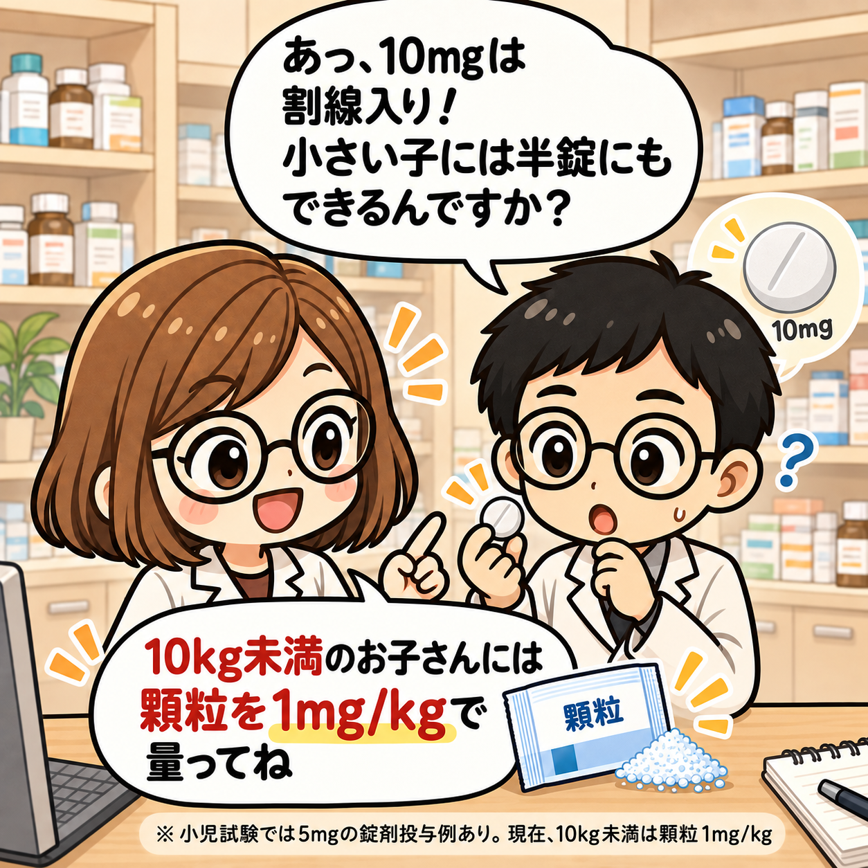 3コマ目。10kg未満の治療は顆粒で有効成分1mg/kg。