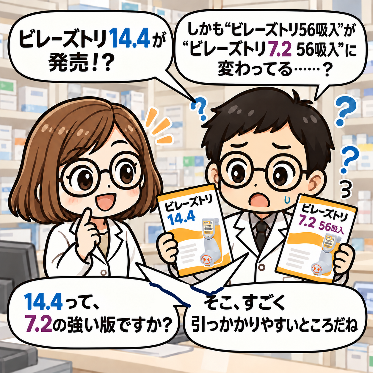 1コマ目。ビレーズトリ14.4の発売と7.2への名称変更を見て、新人薬剤師が規格の違いを質問する。