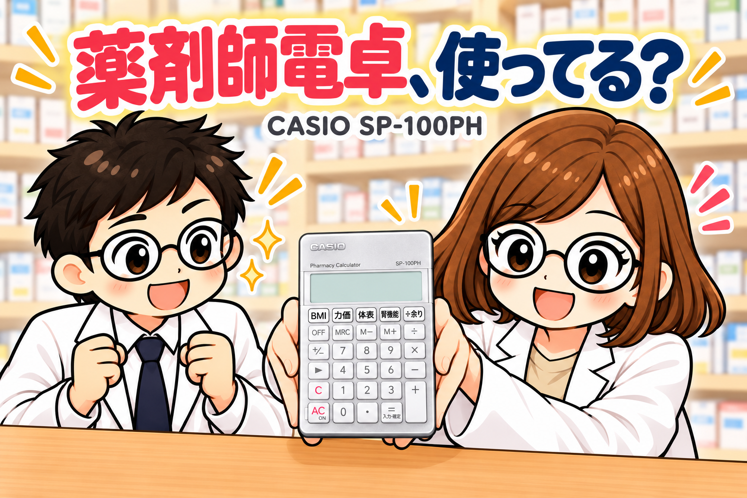 薬剤師電卓、使ってる？ CASIO SP-100PH。左の新人と右のカロが、中央の薬剤師電卓を紹介する。