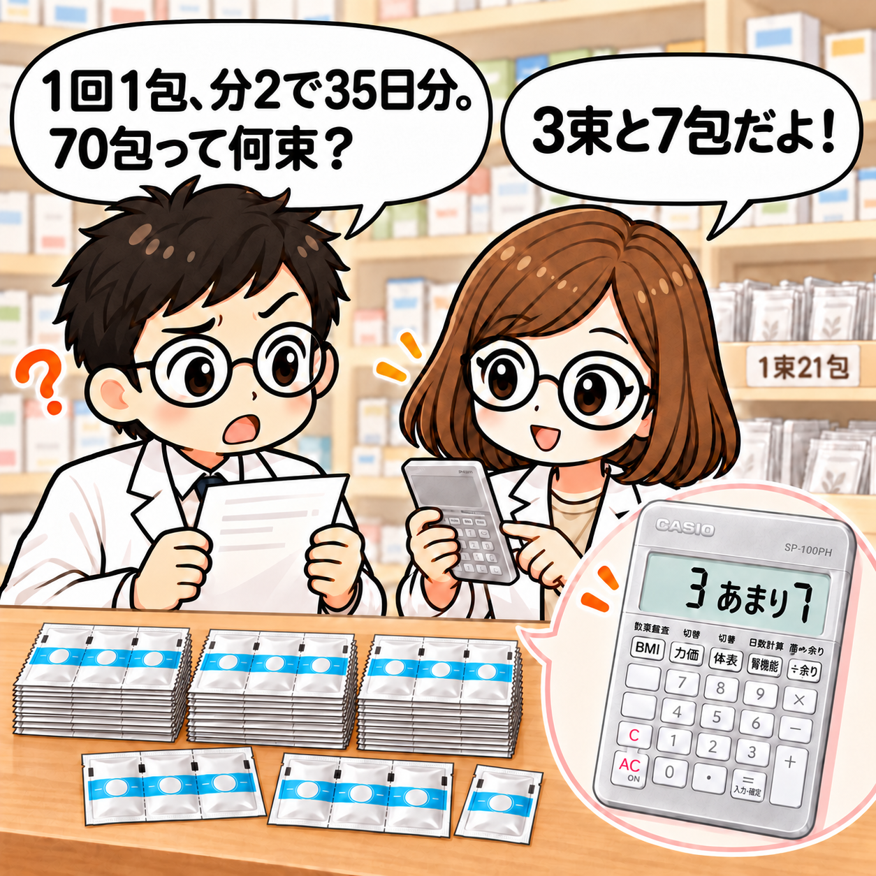 1コマ目。1回1包、分2、35日分の70包は、1束21包なら3束と7包。電卓の割る余り機能で確認する。