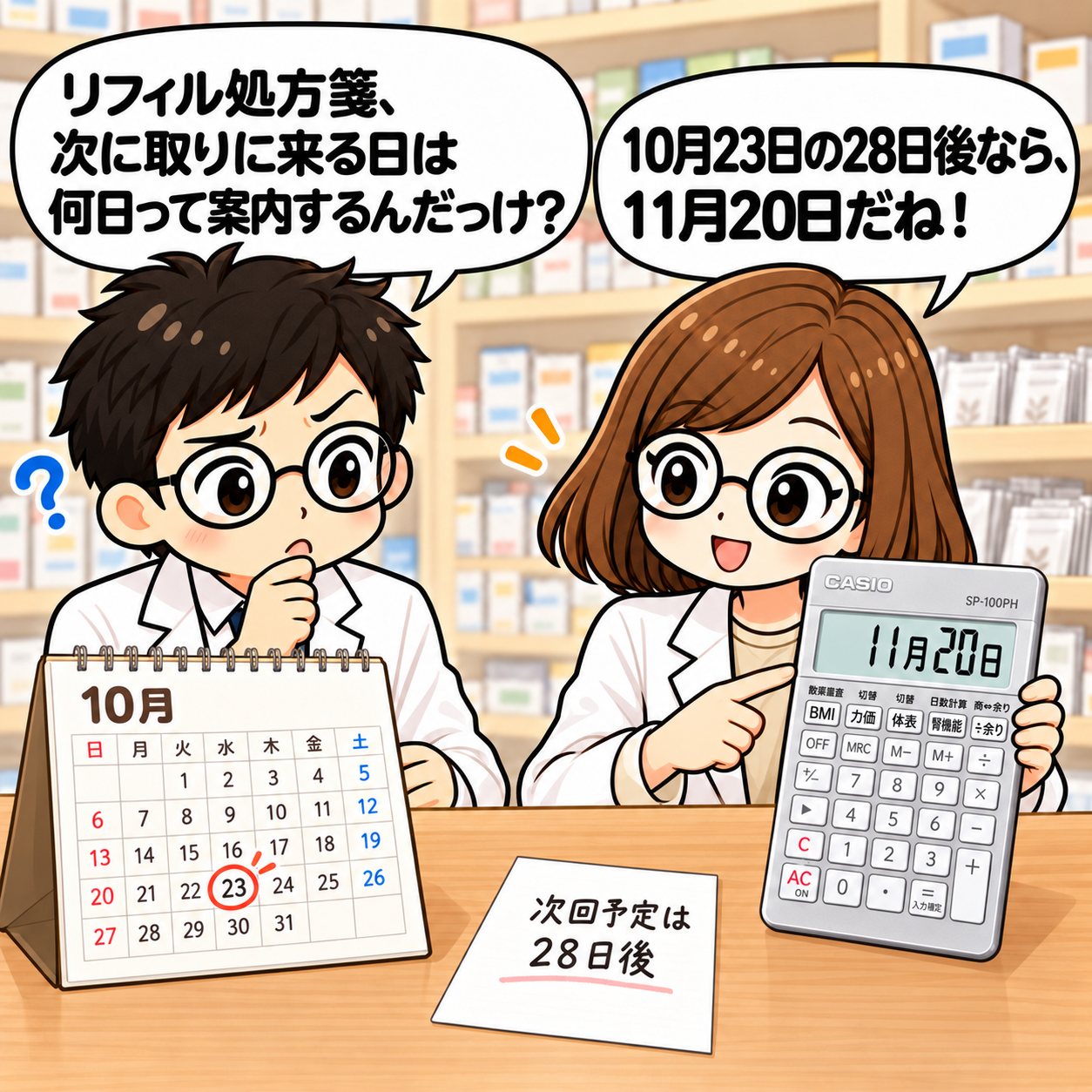 2コマ目。リフィル処方箋の次回来局日を考え、10月23日の28日後は11月20日と日数計算する例。