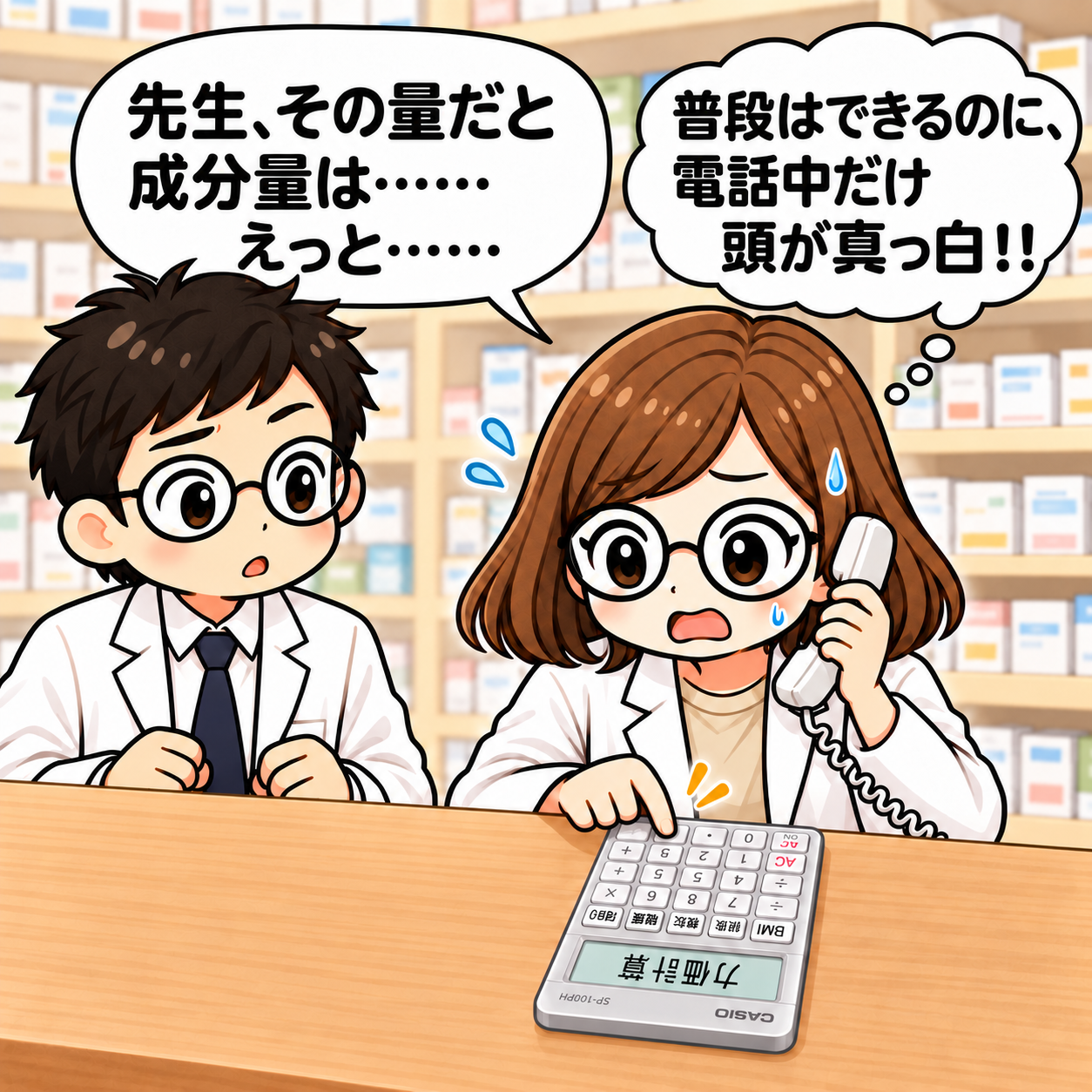 3コマ目。疑義照会の電話中、普段できる力価計算でも頭が真っ白になるカロ。