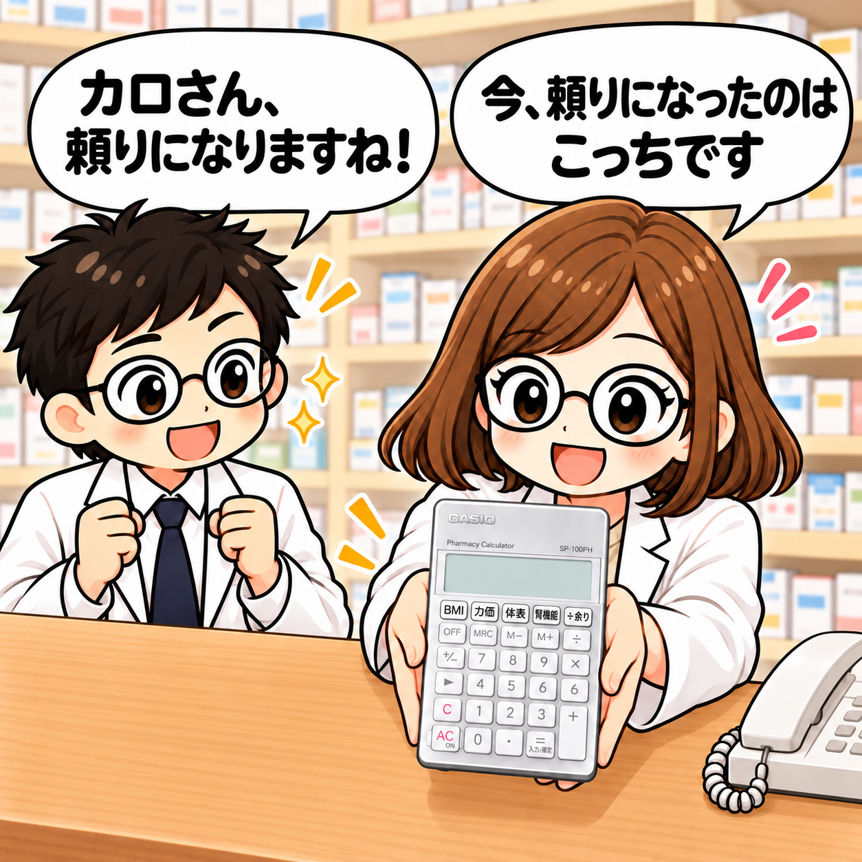 4コマ目。「頼りになりますね」と言われ、電卓を差し出して「今、頼りになったのはこっちです」と答えるカロ。
