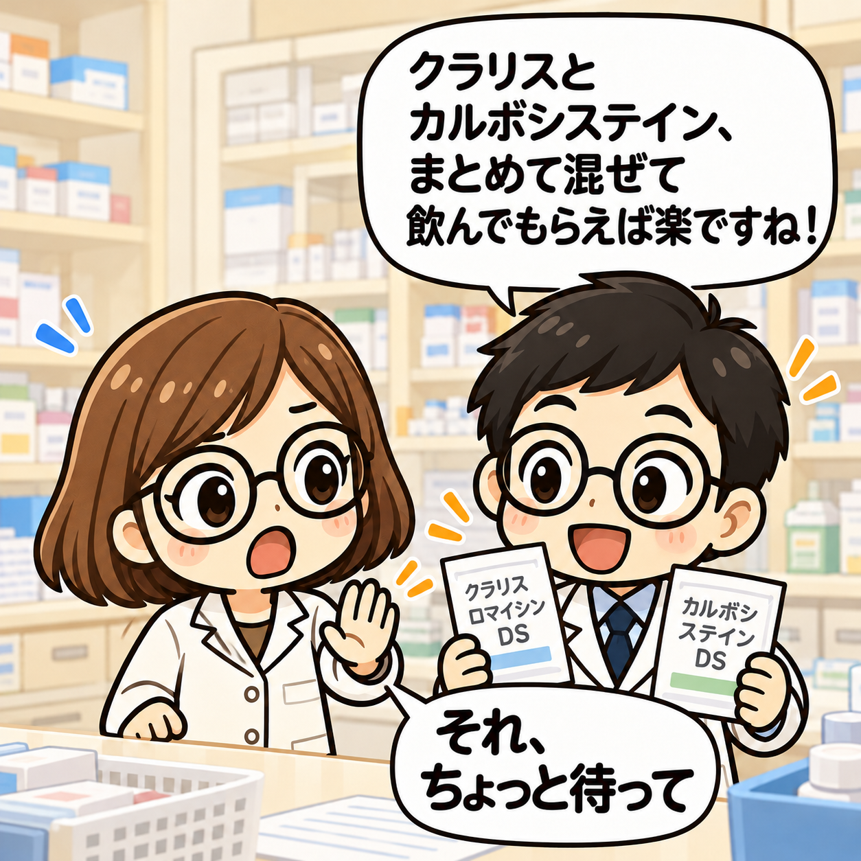1コマ目。新人薬剤師がクラリスDSとカルボシステインDSをまとめて混ぜようとする。