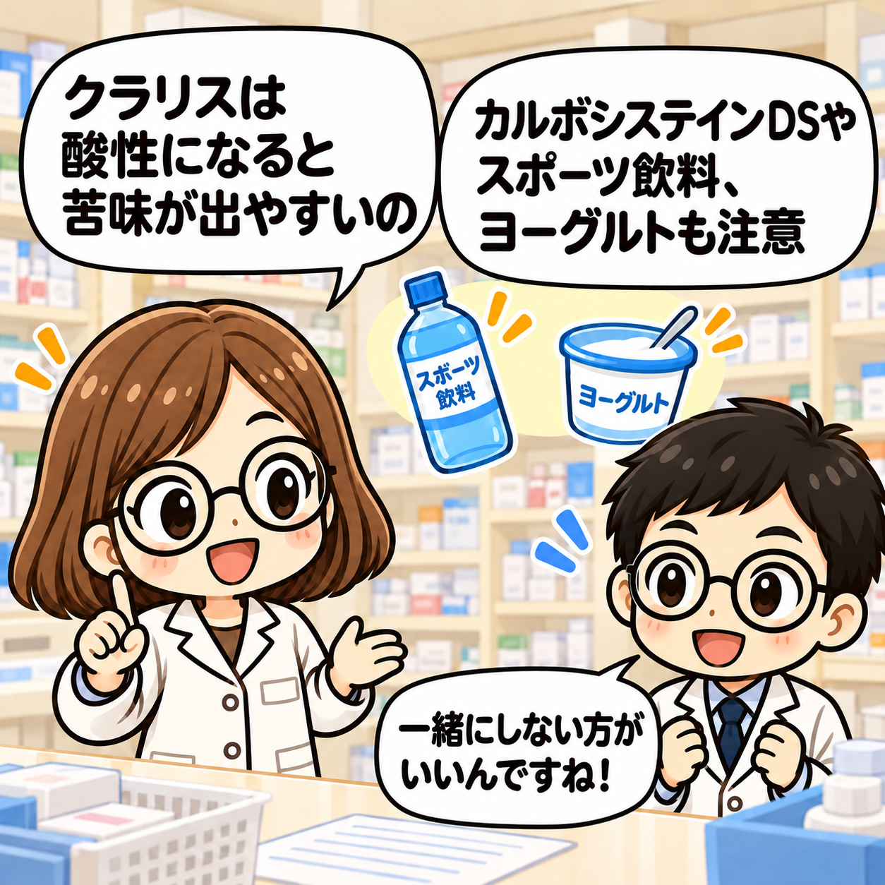 2コマ目。酸性の飲食物やカルボシステインDSと混ぜると苦味が出やすいことを説明。