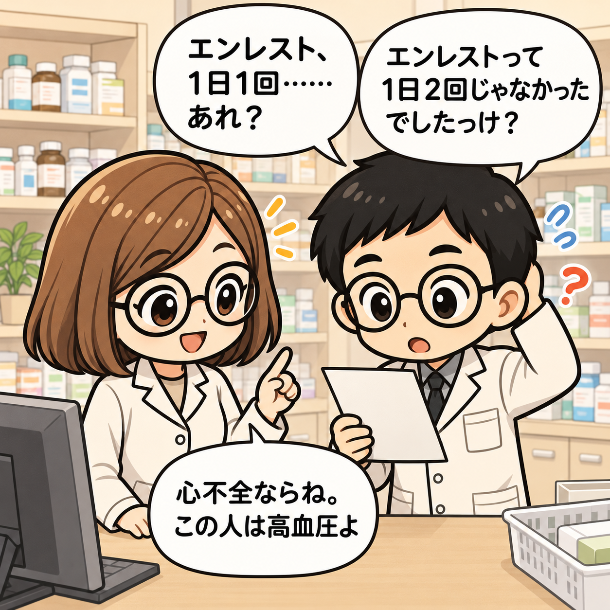 1コマ目。エンレストの服用回数は心不全と高血圧で異なる。