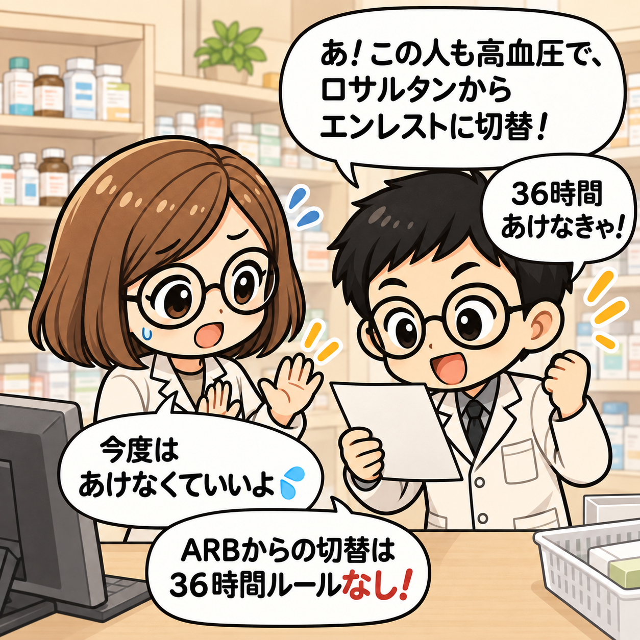 4コマ目。ロサルタンなどARBからの切替には36時間という規定はない。