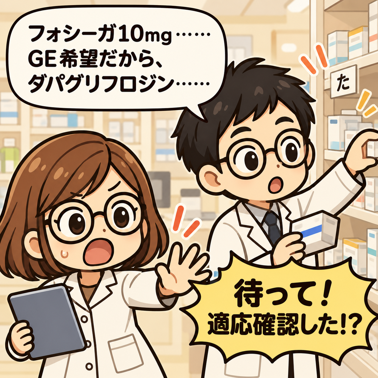 1コマ目。フォシーガを後発品へ変更する前に、先輩が適応を確認したか問いかける。