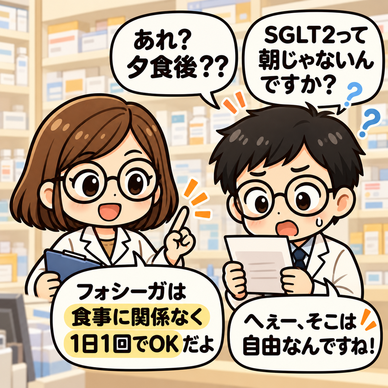 3コマ目。フォシーガの用法は1日1回で、朝や食後の指定がないことを確認する。