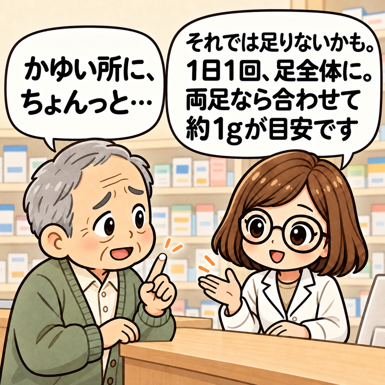 2コマ目：1日1回、足全体に塗り、両足合わせて約1gが目安と説明する薬剤師。