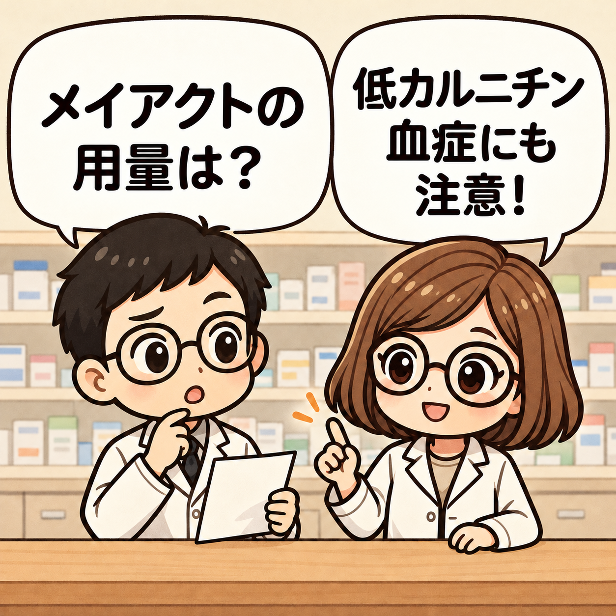 新人くん「メイアクトの用量は？」 カロちゃん「低カルニチン血症にも注意！」