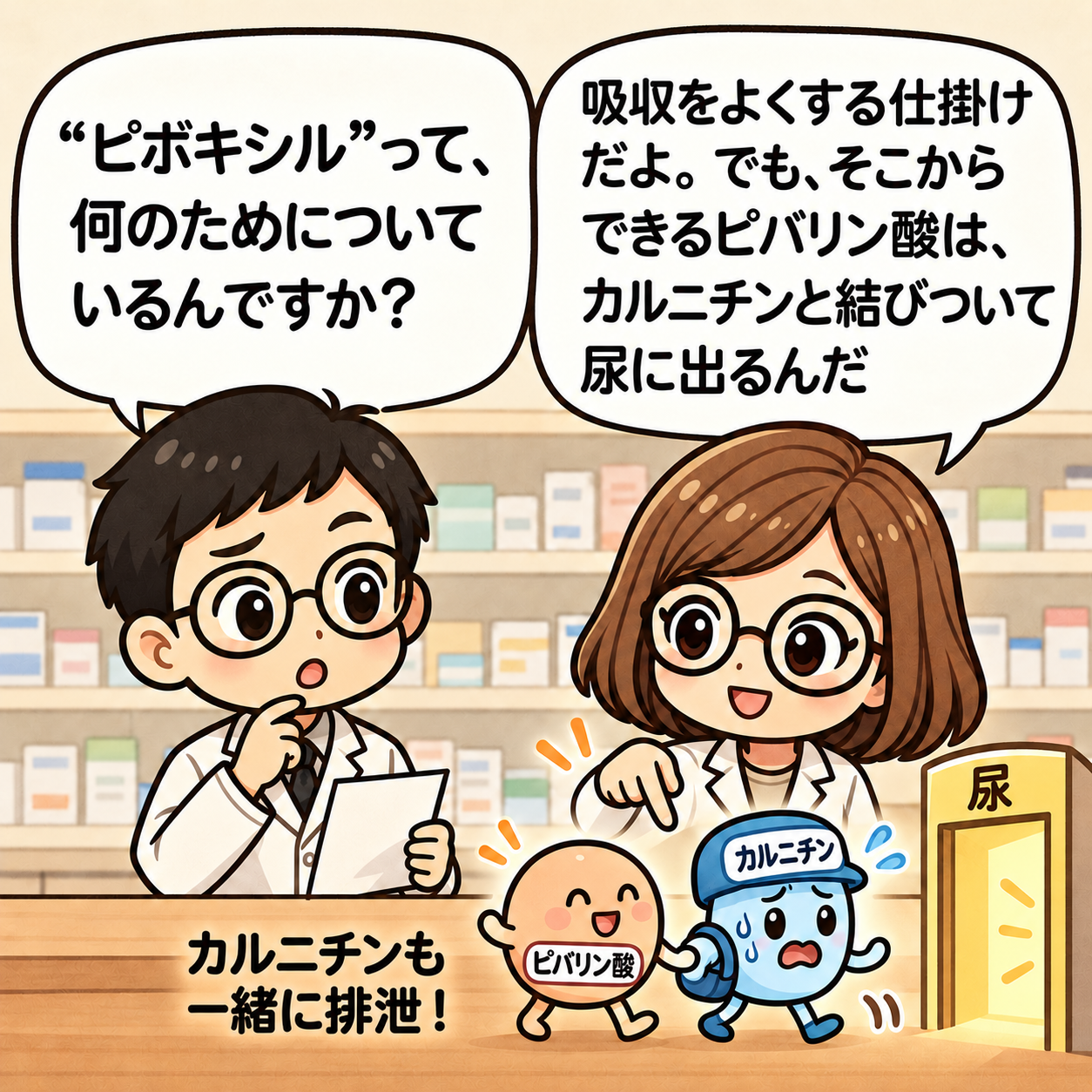 3コマ目。吸収を助けるピボキシルから生じたピバリン酸がカルニチンと結合し、尿へ排泄される。「カルニチンも一緒に排泄!」と示した修正版。