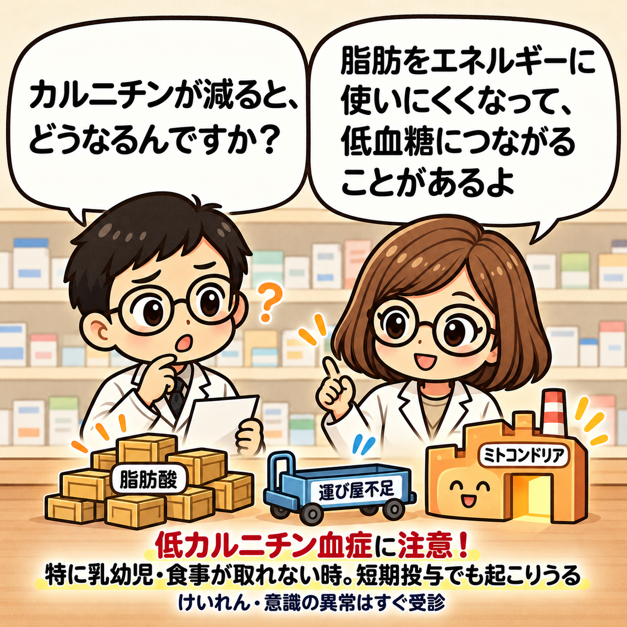4コマ目。カルニチンの減少で長鎖脂肪酸をミトコンドリアへ運ぶ働きが不足し、低血糖につながることがある。乳幼児や摂食不良、短期投与でも注意し、けいれん・意識の異常はすぐ受診する。