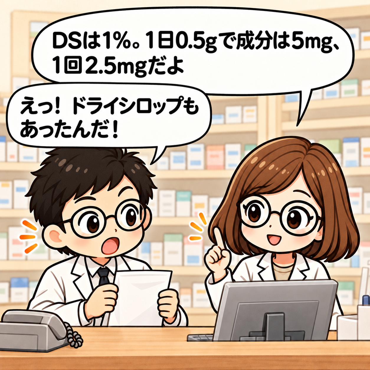 2コマ目。DSは1%。1日0.5gは成分5mg、分2で1回2.5mgになる。