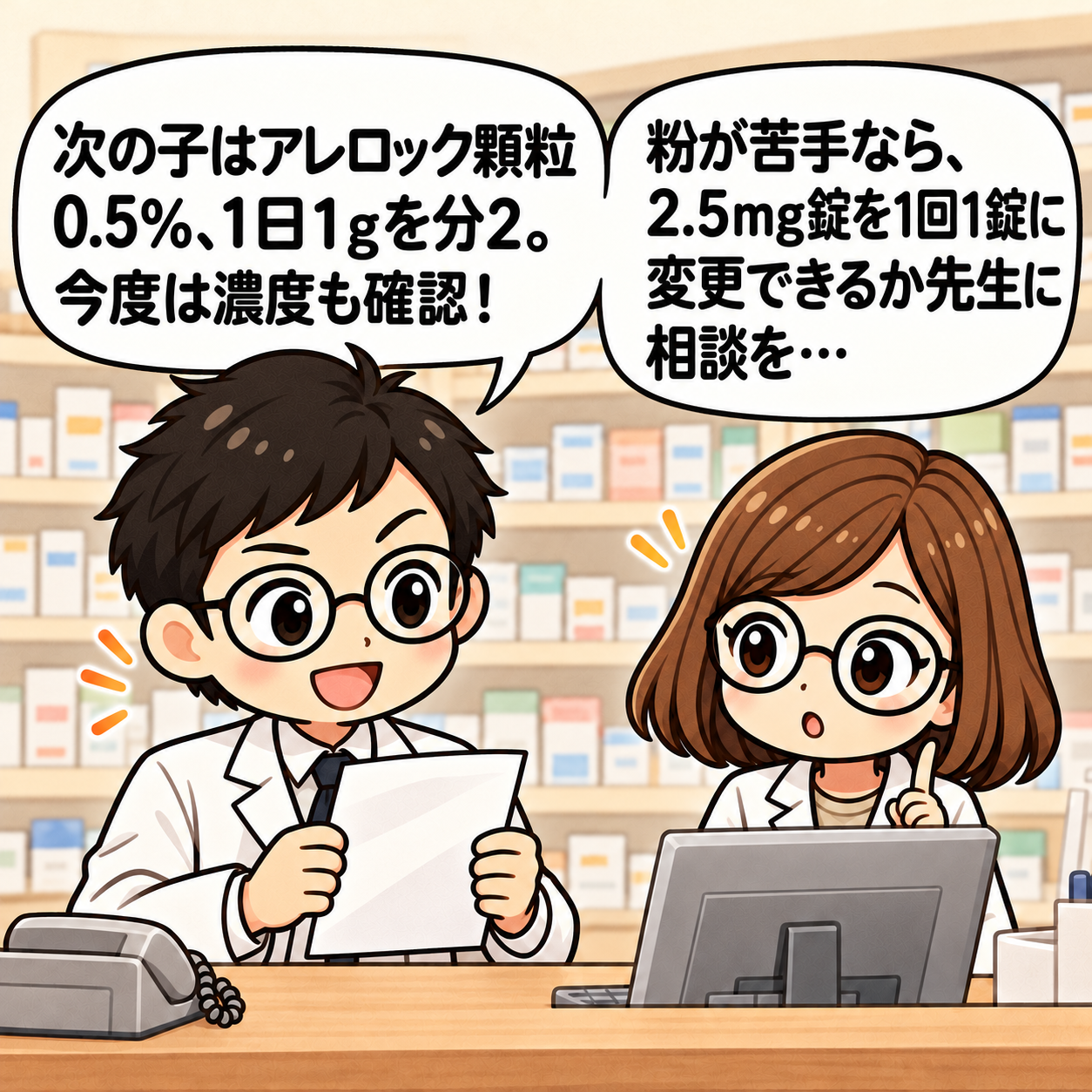 3コマ目。アレロック顆粒0.5%を1日1g分2で服用する子の粉の苦手さに対し、2.5mg錠への変更を相談しようとする。