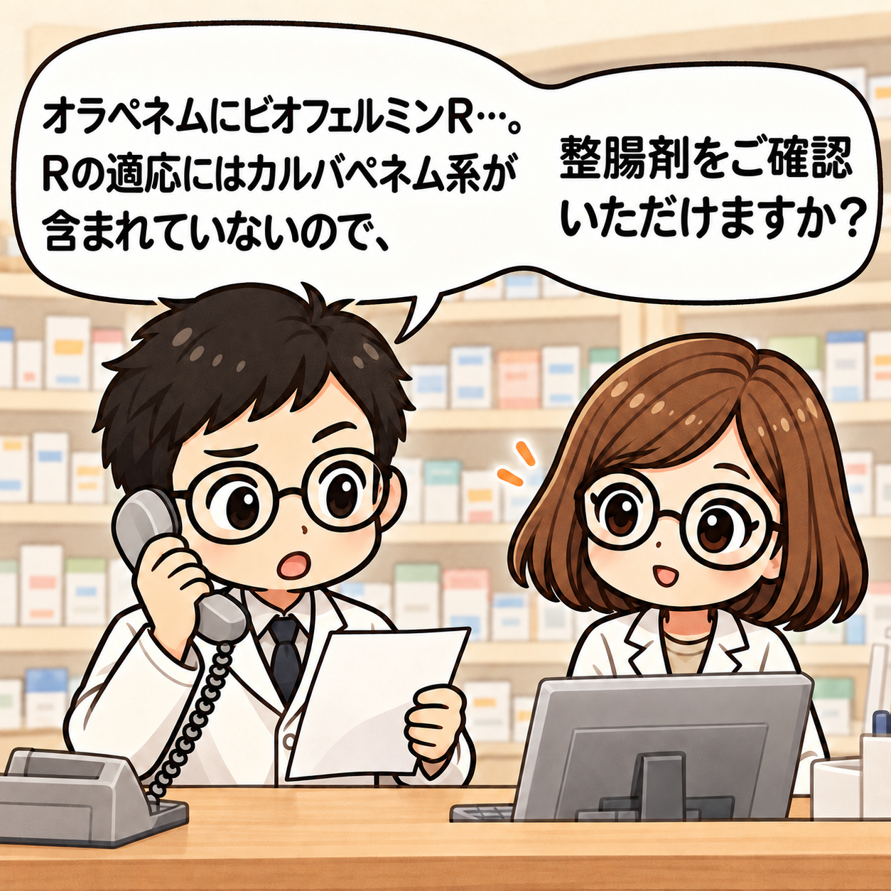 1コマ目。ビオフェルミンRの適応対象にカルバペネム系が含まれないため疑義照会する。