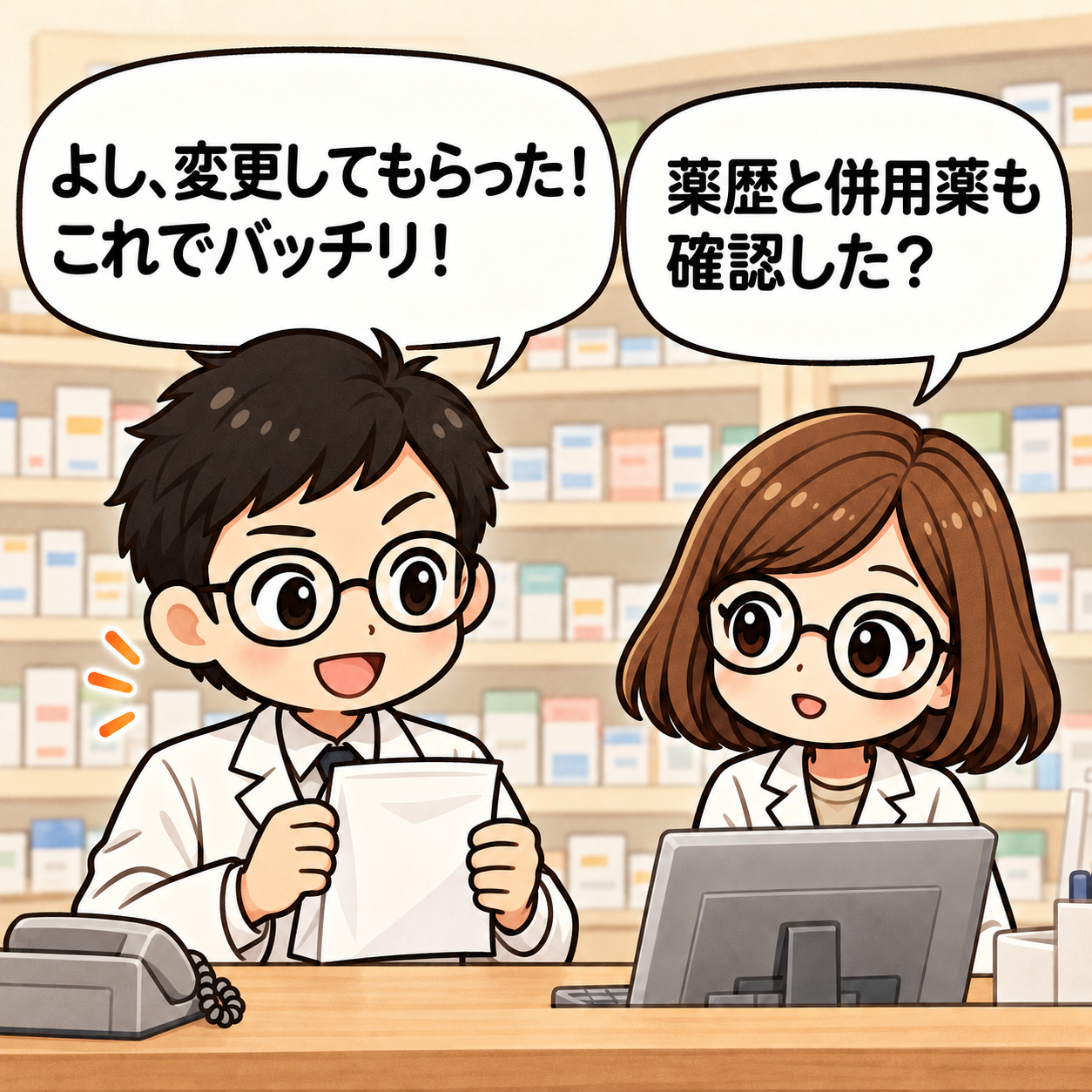 2コマ目。整腸剤の確認を終えた新人に、薬歴と併用薬も確認したか問いかける。