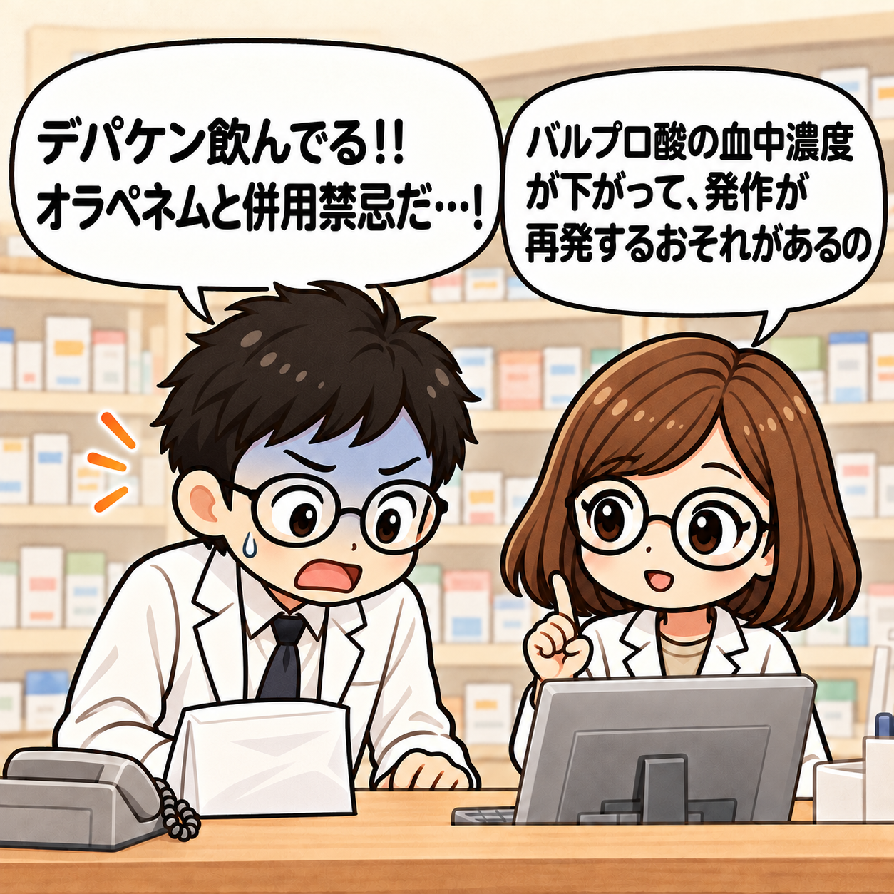 3コマ目。デパケン服用を発見。オラペネムとの併用禁忌と、バルプロ酸血中濃度低下による発作再発のリスクを確認する。