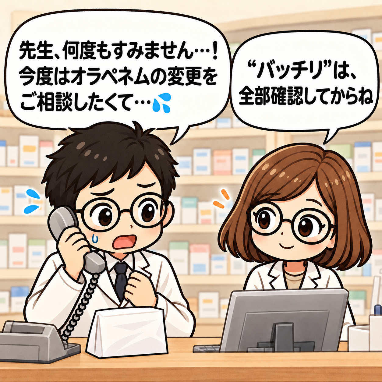 4コマ目。抗菌薬の変更について再び疑義照会。併用薬も含めて全部確認してから判断する。