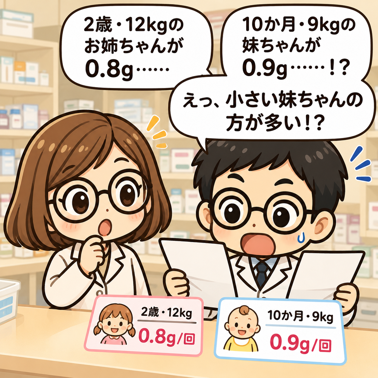 1コマ目。2歳12kgの姉は1回0.8g、10か月9kgの妹は1回0.9g。新人薬剤師が量の逆転に驚く。