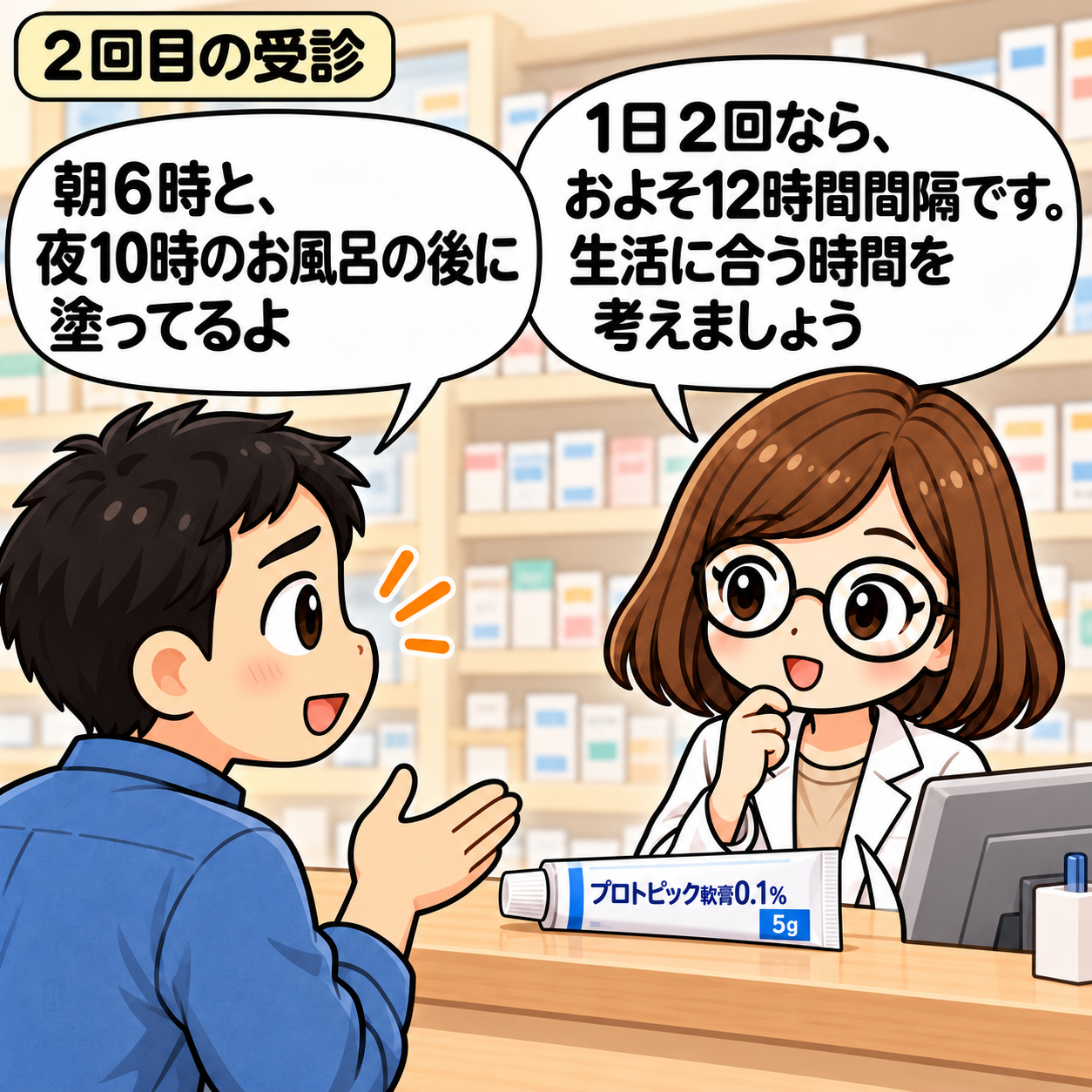 3コマ目。2回目の受診。朝6時と夜22時の使用を聞き、1日2回はおよそ12時間間隔になるよう相談する。